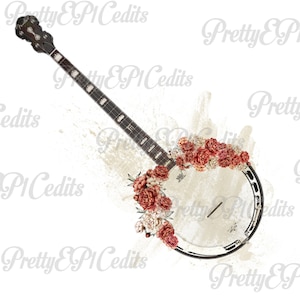 Puede incluir: Un banjo vintage con un cuerpo blanco y un borde negro, decorado con flores rojas y blancas. El banjo tiene un cuello largo y se coloca sobre un fondo blanco con un efecto de salpicadura.