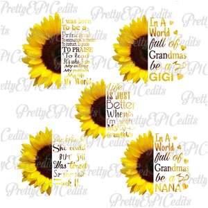 K&ouml;nnte beinhalten: Vier digitale Designs mit Sonnenblumen und Text&uuml;berlagerungen. Der Text enth&auml;lt Zitate &uuml;ber das Gro&szlig;muttersein, wie "In einer Welt voller Gro&szlig;m&uuml;tter sei eine Gigi" und "Das Leben ist einfach besser, wenn ich mit meinen Enkeln bin".