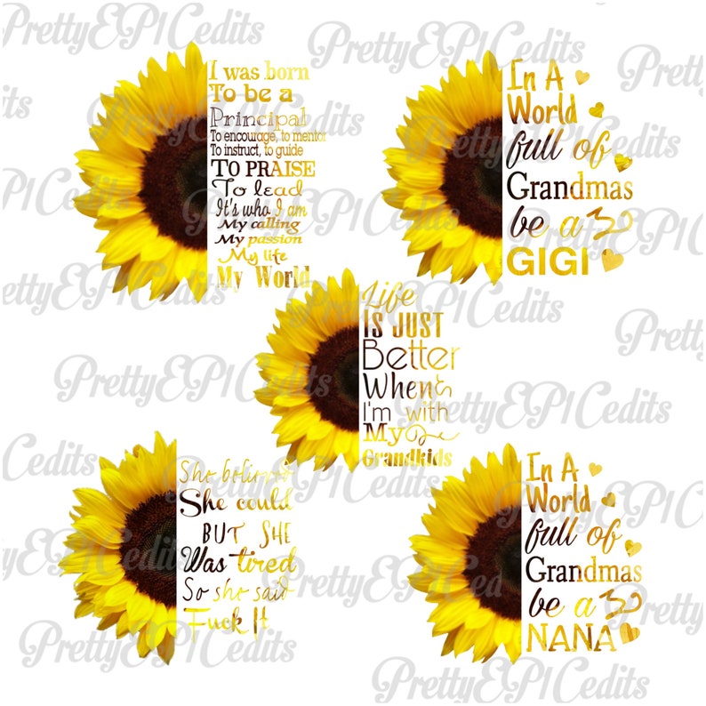 K&ouml;nnte beinhalten: Vier digitale Designs mit Sonnenblumen und Text&uuml;berlagerungen. Der Text enth&auml;lt Zitate &uuml;ber das Gro&szlig;muttersein, wie "In einer Welt voller Gro&szlig;m&uuml;tter sei eine Gigi" und "Das Leben ist einfach besser, wenn ich mit meinen Enkeln bin".