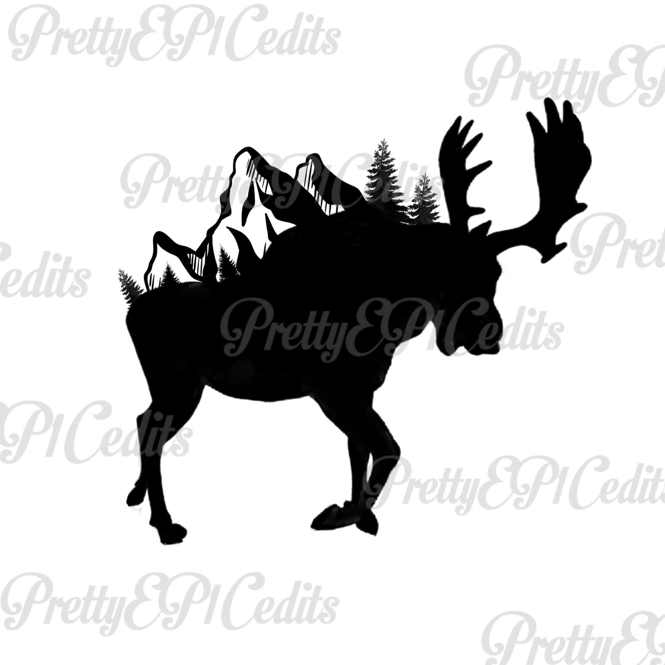 Moose, trees mountain silhouette, printable digital image PNG, JPG