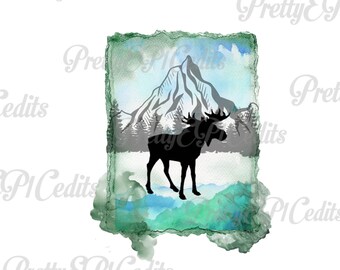 Moose, watercolor framed, silhouette, printable digital image PNG, JPG