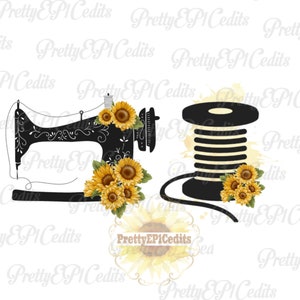 Vintage sewing machine, Bobbin and scissors, sunflowers, 2 file PNG bundle, digital download, clip art, PNG, JPG.