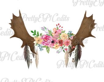Boho floral moose antlers, printable digital image, PNG, JPG