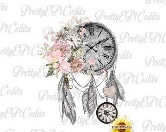 Vintage clock dreamcatcher, dreamcatcher flowers, Feathers and Roots, digital download, clip art, PNG, JPG