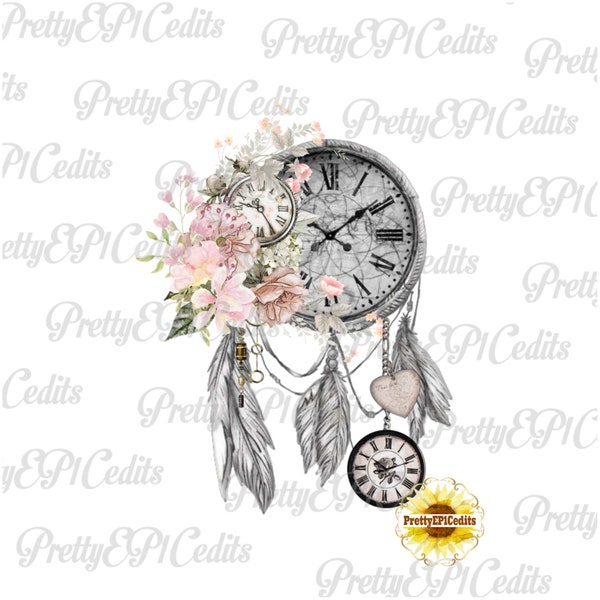 Vintage clock dreamcatcher, dreamcatcher flowers, Feathers and Roots, digital download, clip art, PNG, JPG