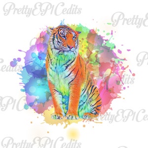Puede incluir: Una ilustración acuarela colorida de un tigre sentado sobre un fondo blanco. El tigre es naranja y negro con un efecto arcoíris. El fondo es una salpicadura de acuarela rosa, azul, verde y amarillo.