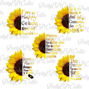 K&ouml;nnte beinhalten: Vier digitale Designs mit Sonnenblumen und inspirierenden Zitaten. Die Zitate lauten: "Ich bin ein gl&uuml;cklicher, fr&ouml;hlicher Sonnenstrahl", "Wo immer du hingehst, egal was passiert, bei jedem Wetter, bring immer deine eigene Sonne mit", "Ich bin Krankenschwester geworden, weil dein Leben meine Zeit wert ist", und "Sei die Ver&auml;nderung, die du in der Welt sehen m&ouml;chtest".