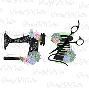 Vintage sewing machine, Bobbin and scissors, 2 file PNG bundle, sewing decals, digital download, clip art, PNG, JPG.