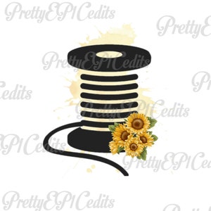 PNG Sewing Bobbin, watercolor, yellow with sunflowers, instant Download.