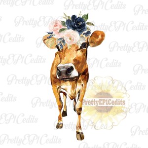 Vaca Jersey, vaca aquarela com flores, vaca bebê, coroa de flores, vaca marrom, download digital, clip art, PNG, JPG
