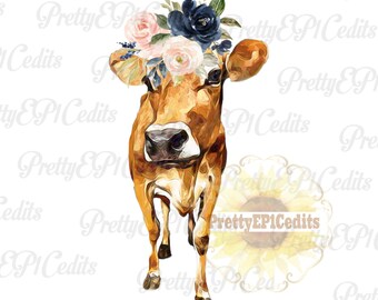 Jersey Cow, Watercolor cow with flowers, baby cow, flower crown, brown cow, digital download, clip art, PNG, JPG