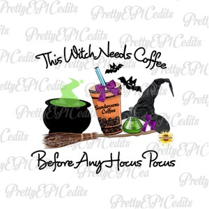 Pode incluir: Um caldeirão preto com fumaça verde saindo dele, um chapéu de bruxa, uma vassoura, um copo de boba tea com uma fita roxa e o texto "Sandersons Coffee", e uma garrafa de poção verde. O texto "This Witch Needs Coffee Before Any Hocus Pocus" está escrito em preto.