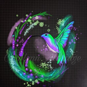 May include: A vibrant green, purple, and blue hummingbird in flight, surrounded by a swirling green and purple floral design on a black background.