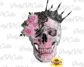 Gotische schedelkroon, roze schedel en rozen, digitale download, klemkunst, PNG, JPG