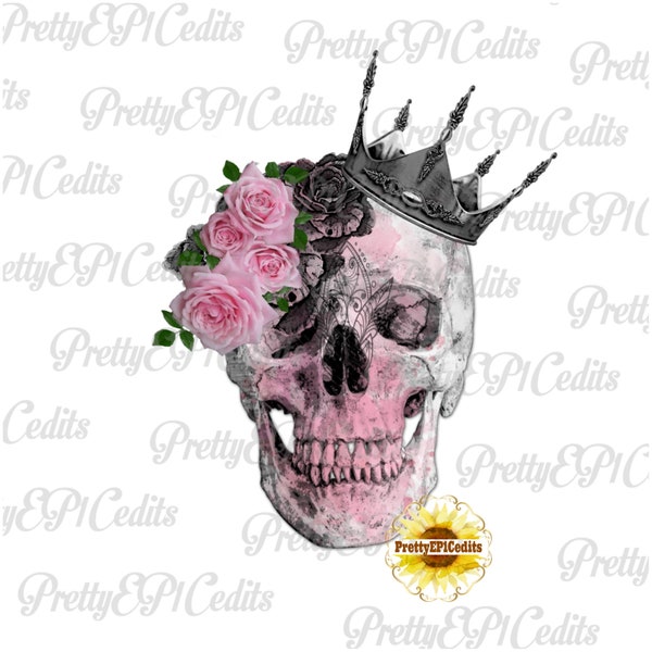 Gothic skull crown, pink skull and roses,  digital download, clip art, PNG, JPG