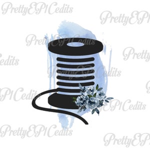 PNG Sewing Bobbin, watercolor, blue/indigo with flowers, instant Download.