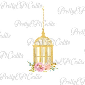 JPG only*** Vintage gold bird cage with flowers, printable digital image,