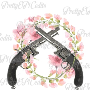 Revólveres digitales de acuarela grabados y acentuados con flores, imagen digital imprimible, PNG, JPG