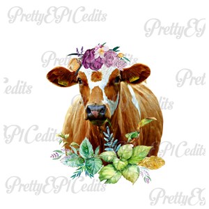 Vaca gordinha botânica com hortênsias roxas, novilha, imagem digital imprimível, PNG, JPG