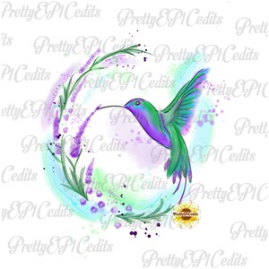 May include: A watercolor painting of a hummingbird in flight, with purple and green feathers, against a background of lavender flowers and a blue and green watercolor wash.