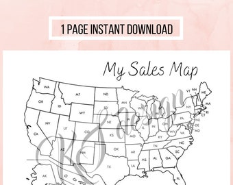 May include: A black and white map of the United States with state outlines. The text "My Sales Map" is written in cursive. The words "1 PAGE INSTANT DOWNLOAD" are in a white rectangle at the top.