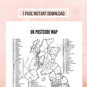 May include: A black and white UK Postcode Map with the text "1 PAGE INSTANT DOWNLOAD" at the top. The map shows the different postcode areas of the UK, with each area labeled with its corresponding postcode.