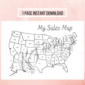 May include: A black and white map of the United States with state outlines. The text "My Sales Map" is written in cursive. The words "1 PAGE INSTANT DOWNLOAD" are in a white rectangle at the top.