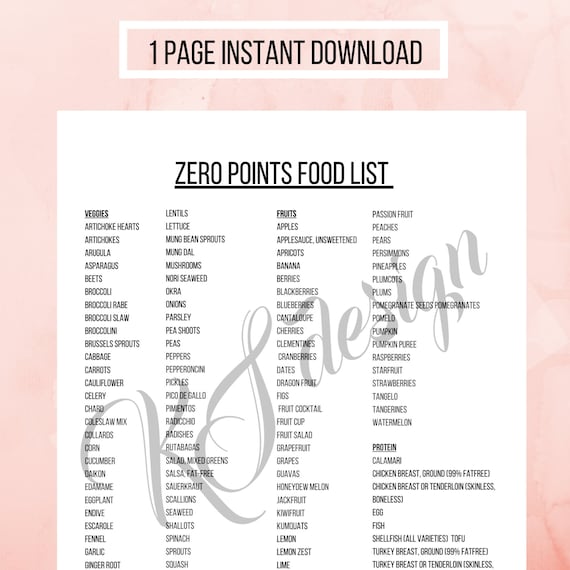 Zero points list, weight loss, diet planner, Digital printable food list, healthy eating planner, Instant download, A4 PDF print