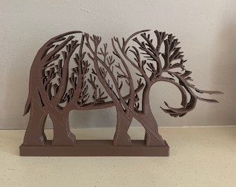 Elephant Tree Silhouette Ornament - 3D Printed PLA Plastic - Free U.K. Delivery