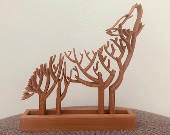 Howling Wolf Tree Silhouette Ornament - 3D Printed PLA Plastic - Free U.K. Delivery