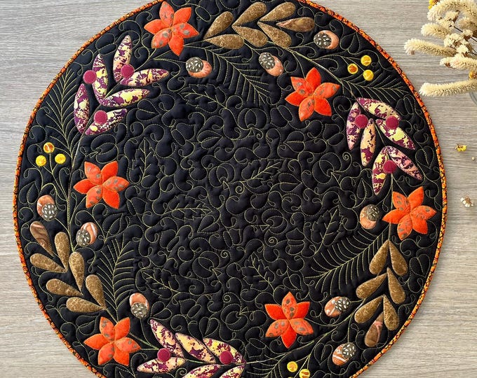 Black Autumn Round Quilted Table Topper – Handmade Leaves and Acorns ...