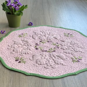 Quilted table topper with forget-me-nots, Mothers Day quilted gift, Table centerpiece with embroidery, Festive mat, Lilac spring decor