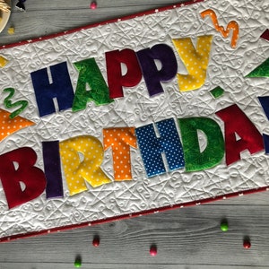 Quilted table runner, Birthday handmade tablecloth, Birthday placemats, Quilted tablecloth Quilted Happy Birthday table runner, Bed topper