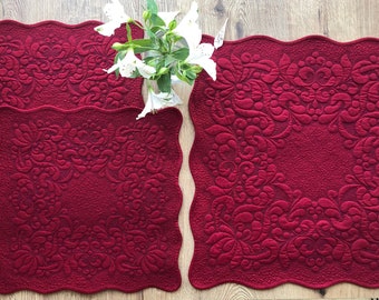 Set of two placemats and one table topper, Mothers Day quilted gift, New favor, Table beige toppers, Festive mats, Burgundy textile set