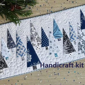 Blue Christmas Tree Table Runner Quilt Kit: Pre-Cut (16"x53")