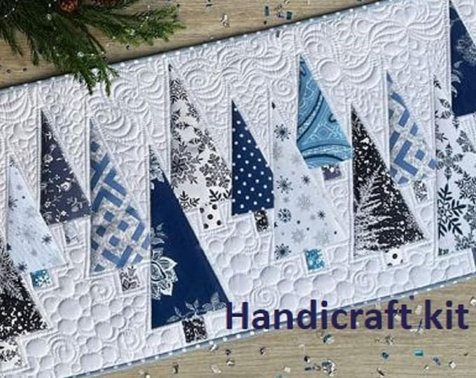 Blue Christmas Tree Table Runner Quilt Kit: Pre-Cut (16"x53")