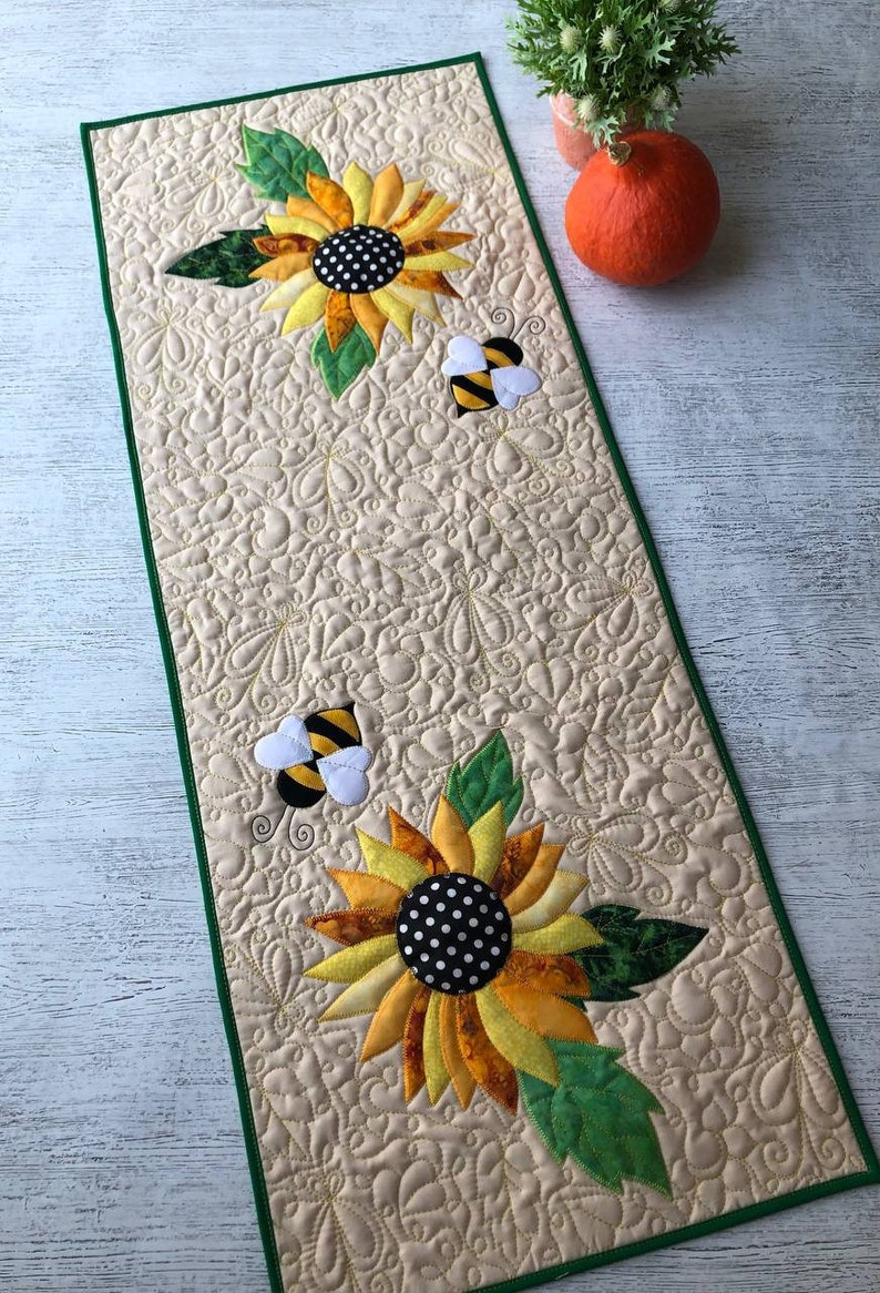 Handmade Quilted Sunflower Table Runner: Autumn Bees Decor, 16x42 ...