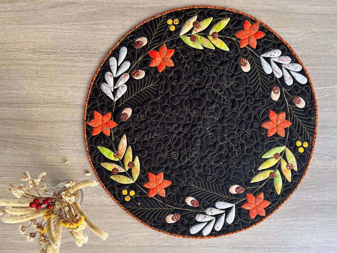 Black Autumn Round Quilted Table Topper – Handmade Leaves and Acorns ...