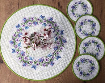 Quilted topper and four quilted snack mats, Quilted textile set with embroidery, Blue and purple embroidered flowers , Mothers Day Gift