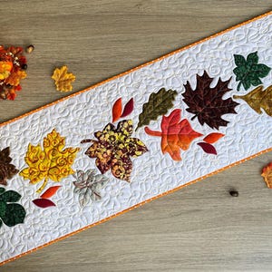 Quilted Thanksgiving Table Runner: Autumn Leaves, Pumpkins, Acorns (46"x16")
