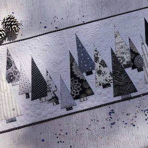 Modern Black and White Quilted Christmas Table Runner – 16&quot;x54&quot;, Handmade Winter Holiday Décor, 16x54