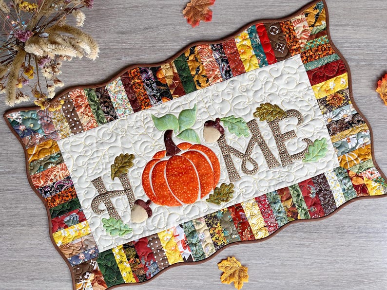 Fall Quilted Table Topper, Pumpkin Harvest Table Runner, Thanksgiving ...