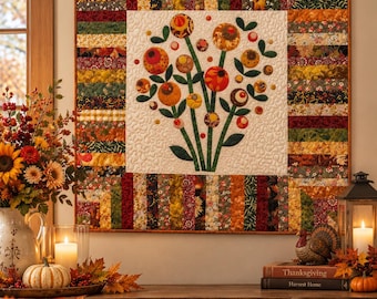 Floral Appliqué Quilted Wall Hanging: Custom Fall Golden Quilt (32x32)