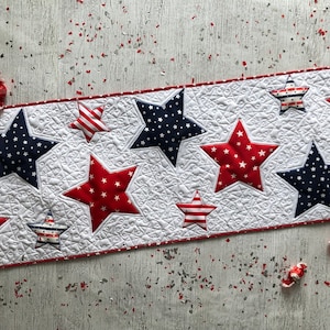 Handmade Quilted Table Runner, American Flag Stars Design, Patriotic Decor for 4th of July, Memorial Day, and Veteran’s Day, 16x45