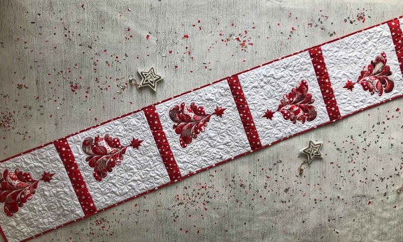 Christmas quilted long table runner, Christmas red tree, Xmas quilt, Santa runner, Table topper quilted, Bed runner, Winter quilted runner image 7