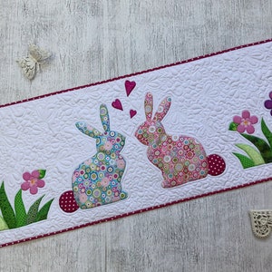 Quilted loving Easter bunnies table runner, Funny bunnies bed topper, Spring tablecloth, Quilt, Bunnies and flowers, Handmade items, Gift