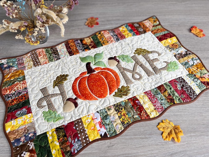 Fall Quilted Table Topper, Pumpkin Harvest Table Runner, Thanksgiving ...