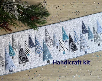 Blue Christmas Tree Table Runner Quilt Kit: Pre-Cut (16"x53")