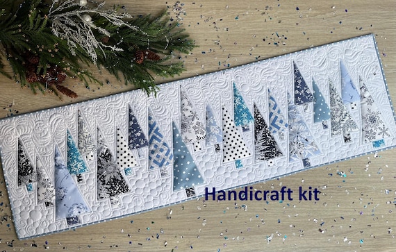 Blue Christmas Tree Table Runner Quilt Kit: Pre-Cut (16"x53")