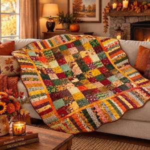 May include: A patchwork quilt featuring a grid of square fabric patches in various autumn-inspired colors including orange, yellow, deep red, brown, and forest green, with some squares displaying leaf patterns and a scalloped brown fabric border.